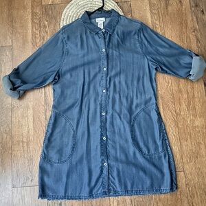Tommy Bahama Denim Blue Shirt Dress with Frayed Hem and Roll up sleeves